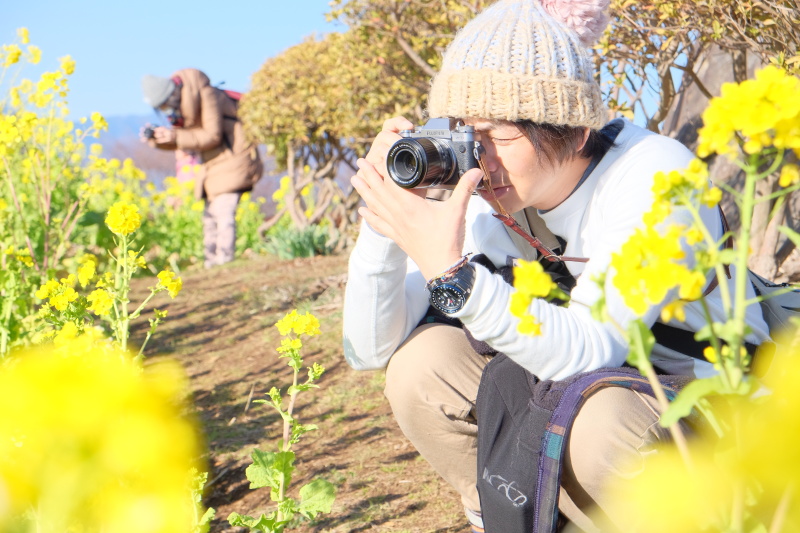 菜の花を撮影するむらい先生。「僕は1枚1枚を撮るのは早い方だと思います。だけど、しつこい（笑）撮りたい被写体を見つけたら、かなり粘って撮ります。だから、短い時間に同じようなカットがたくさんできてしまいます。そこからベストの1枚を選んでいます」