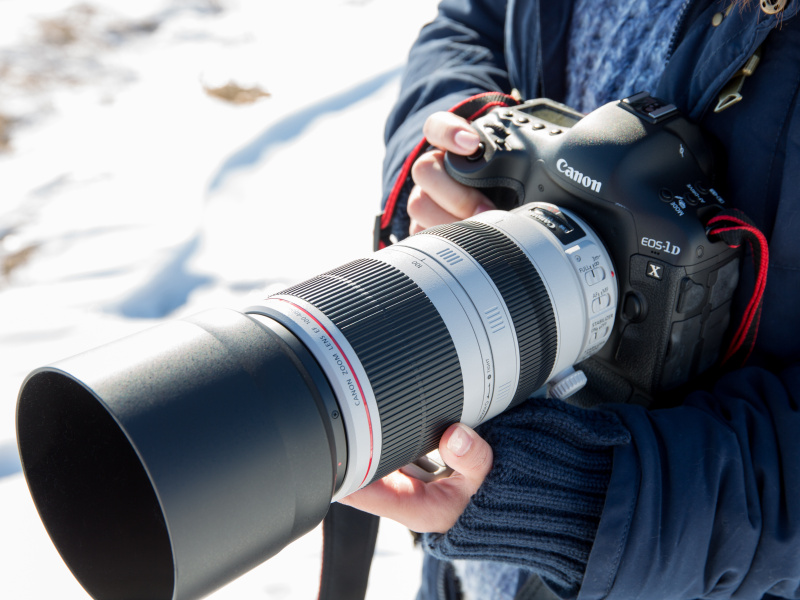 EOS-1D Xとの組み合わせ。女性の手なので少し大きく見えるがEF 70-200mm F2.8L IS II USMよりも少し大きく感じる程度。カメラボディとのバランスは大きさ、重量配分ともに良好