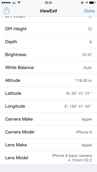 ViewExifで表示されるExifの一例。GPSデータも見られる