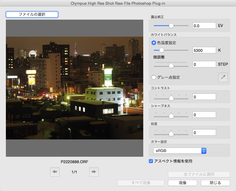 ファイル選択ダイアログで現像したい画像を選んだら、ここでパラメーターを設定する。あんまり高度なことはできない。