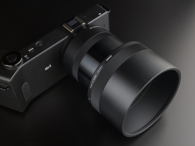 純正フードを装着したところ。2ピース構成でLH4-01が流用可能。テレコン先端には取り付けできない