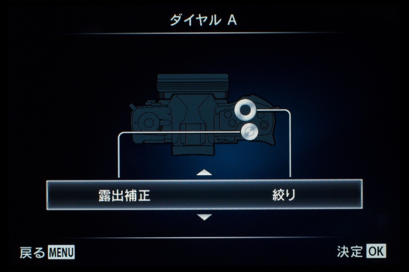 「ダイヤル機能」で、フロントまたはリア（電子）ダイヤルに露出補正を割り当てられる。なので、ボタンに「露出補正」を割り当てる必要はない