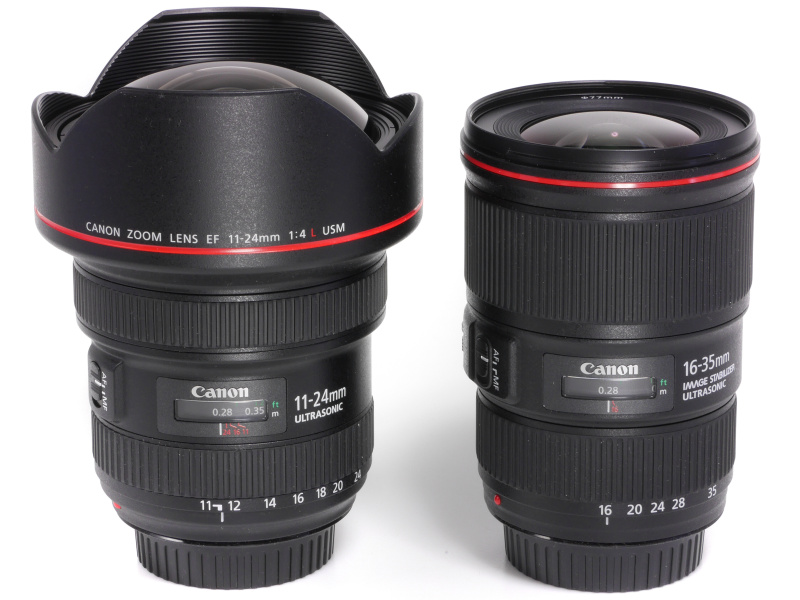 左がEF11-24mm F4L USM、右がEF16-35mm F4L IS USM。EF11-24mm F4L USMのほうが前玉が大きく、重量も倍近くあるが、ズームリングやフォーカスリングの径は似たような太さなので、レンズの着脱や撮影時の操作は良好だ