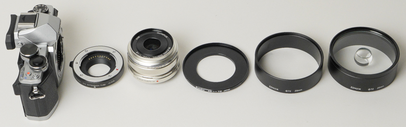 今回の組み合わせ。左からカメラ、中間リング（10mm）、撮影レンズ、ステップアップリング、エクステンションチューブ20mm、宙玉レンズ（エクステンションチューブ20mm付き）