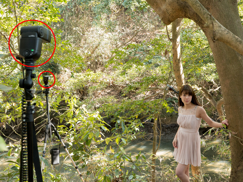 加えて、補助光としてモデル左手前（写真手前）からワイドパネルを装着したDi700Aを弱めに発光した。