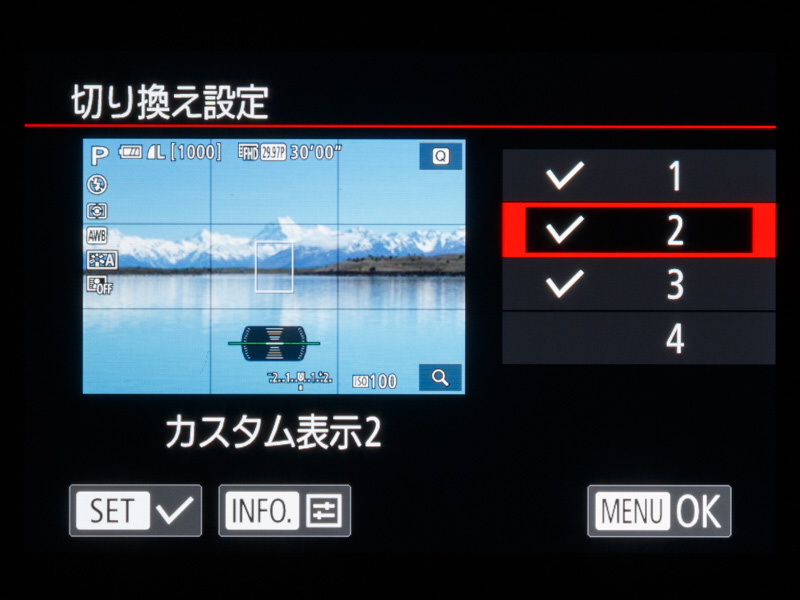 画面表示の切り換え設定では、水準器やグリッド、ヒストグラムなどの表示オン/オフが選べる