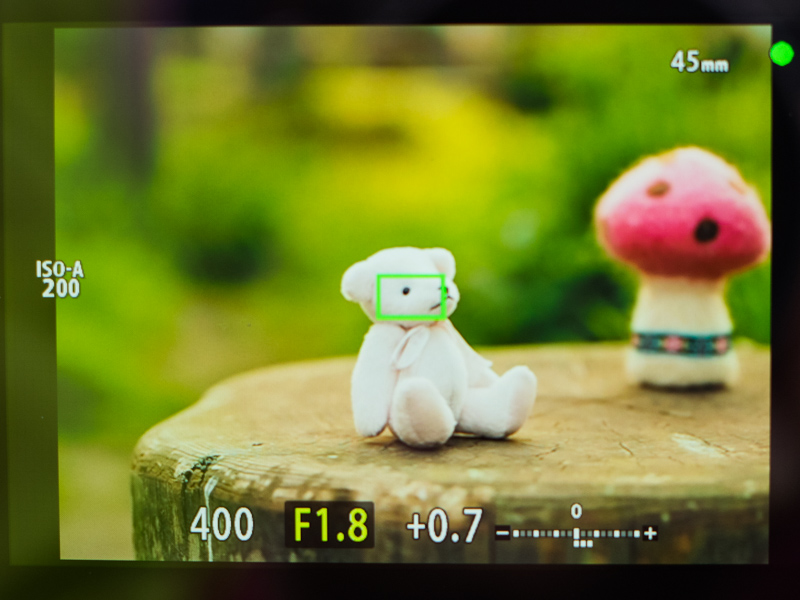 クマちゃんの顔のところに緑の枠が見えるでしょうか。そこにピントが合っています。そのままシャッターボタンを最後まで押し込むと、写真が撮れます。