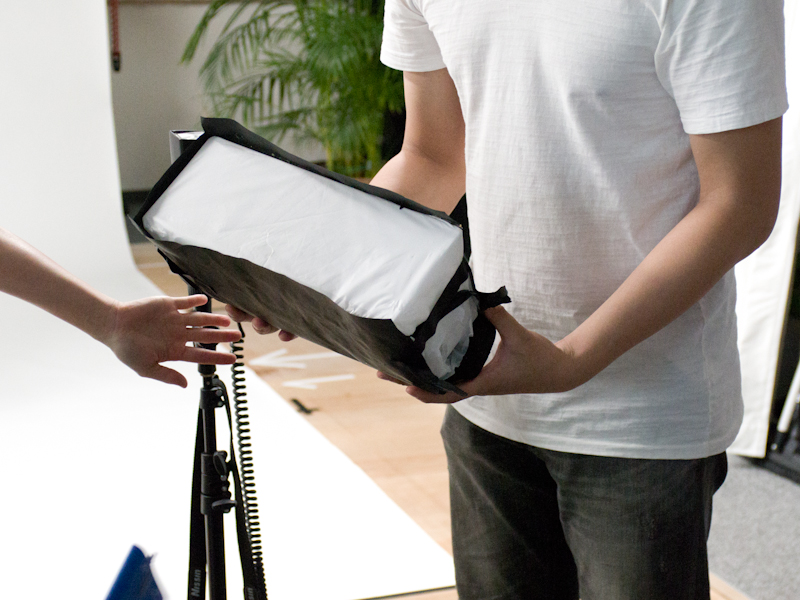 手作りのソフトボックスをストロボに取り付ける。白い部分はテーブルクロスや雨合羽を材料にした