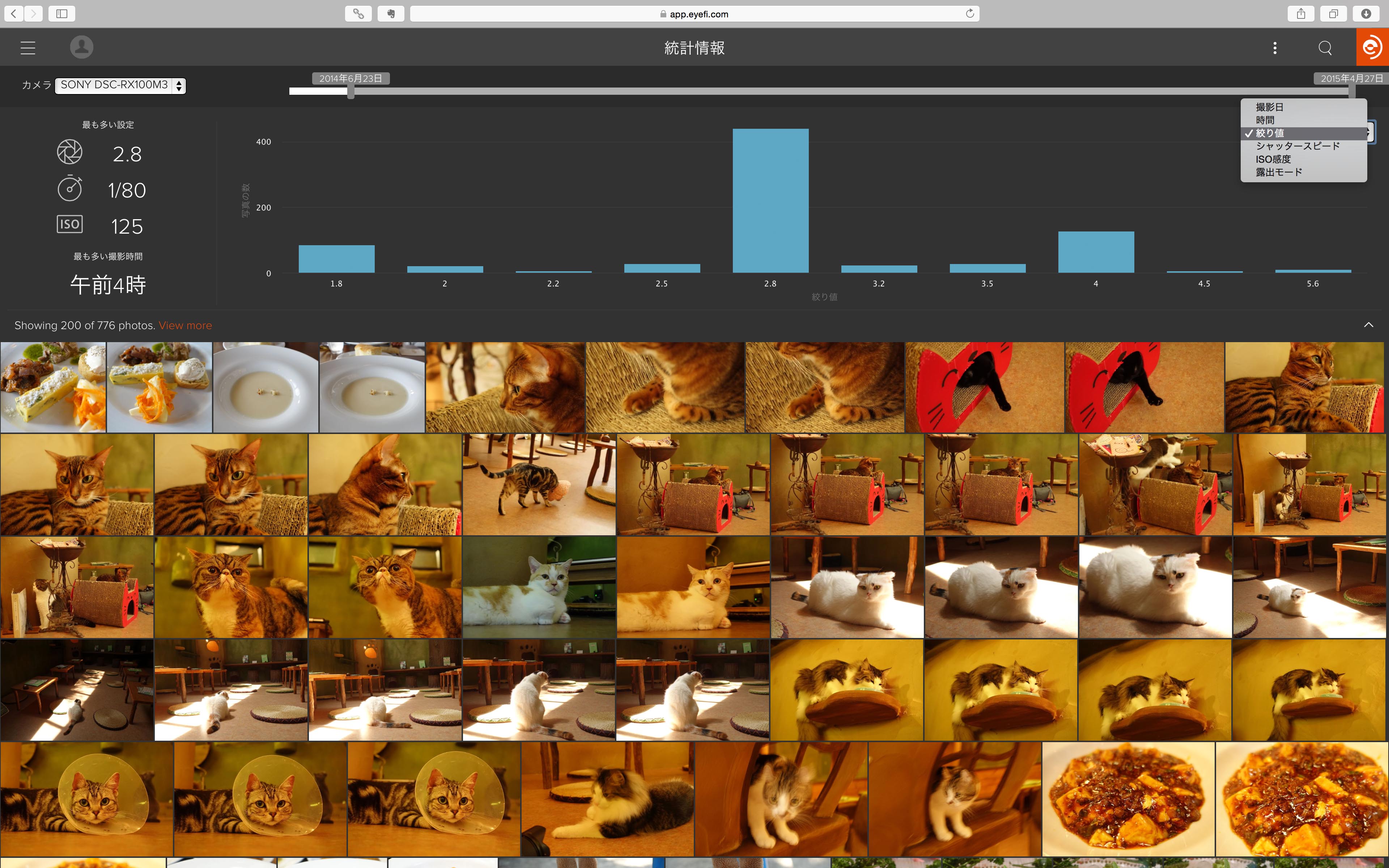 もうひとつの新機能「統計情報」の画面。画像のメタデータをもとに絞り込める。