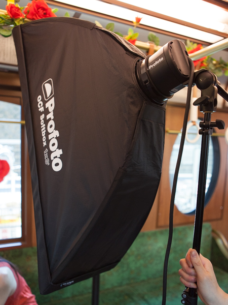 モデルの斜め背後からソフトボックスで影を起こした