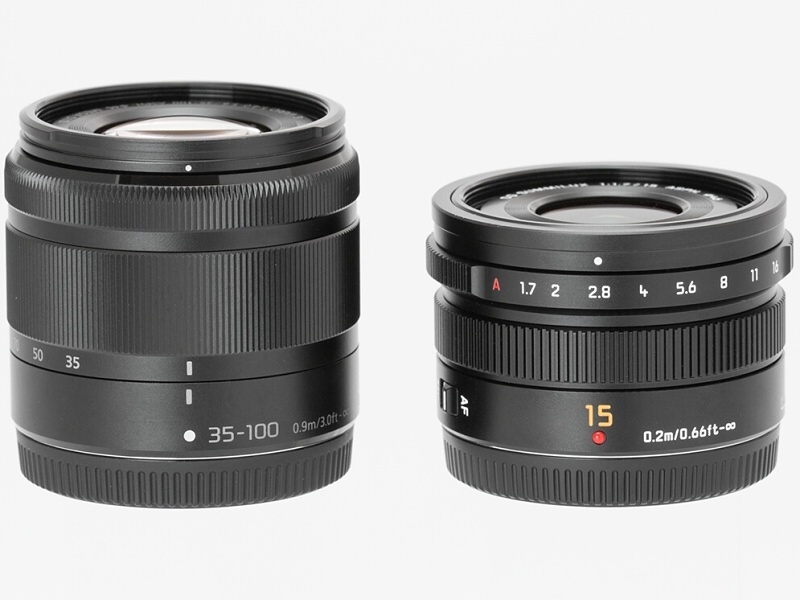 単焦点レンズのライカDG SUMMILUX 15mm F1.7（右）と比べて少し大きいだけ。これで望遠ズームなのだからすごい