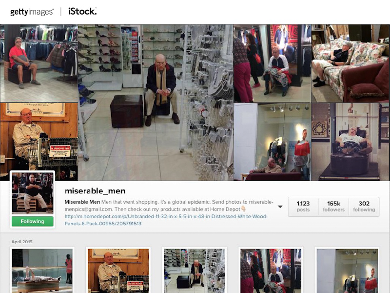 Perfectly Imperfectの一例として挙げられた「miserable_men」。ショッピングモールで妻やガールフレンドに置いていかれ、所在なさげに座り込む男性たちの写真を集めたカテゴリーだ