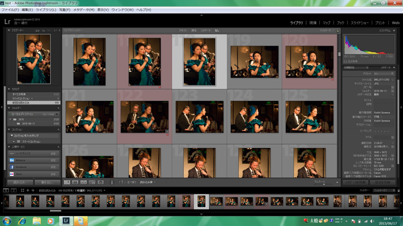 Lightroom CCのライブラリ画面でセレクト中。大量の画像を表示させながら、後で集約して表示させるためにカラーラベルを付与していく。