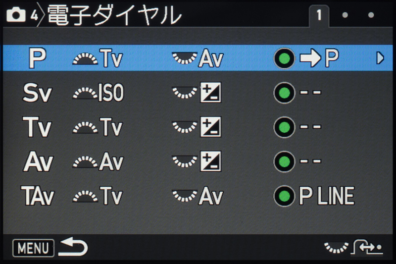 電子ダイヤルの機能を設定する撮影メニューの「電子ダイヤル」の画面。撮影モードごとに、前後の電子ダイヤルの機能を選ぶことができる。