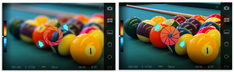 絞り変更の例。2本指で右へ円を描くことで最大F1まで絞りを開き、反対側へ描くことでF16まで絞れる