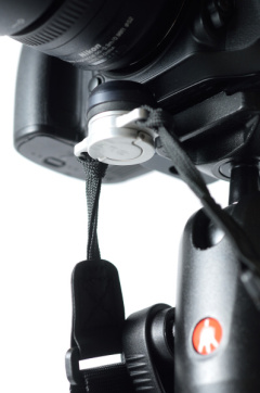 アーム部分が前に来るので、ストラップは三脚前面に。邪魔になるならば三脚にくくりつけるといいだろう。風がある場合は多少のブレ防止にもなる