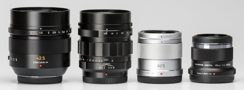 左から、パナソニック ライカLEICA DG NOCTICRON 42.5mm/F1.2 ASPH./POWER O.I.S.、コシナ フォクトレンダーNOKTON 42.5mm F0.95、パナソニックLUMIX G 42.5mm F1.7、オリンパスM.ZUIKO DIGITAL 45mm F1.8。