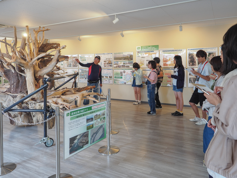 釘子さんから陸前高田市の復興の状況などを聞く。高田松原の被災した松の根も展示されていた