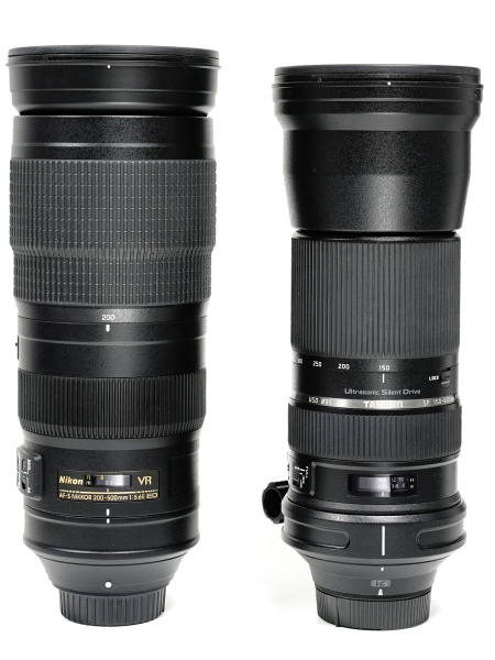 フィルター径はどちらも95mmで同じだが、SP150-600mmは太いのは先端部分だけでズームリングやフォーカスリングはギュッと絞り込まれている。一方、200-500Eはいわゆる寸胴で、収納時の全長もわずかに長い