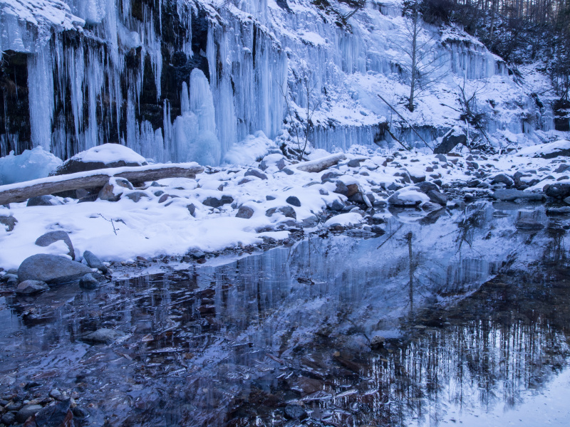 <strong class="">【色が増えると意図が散漫に】</strong>一般的にスケールが大きく見えるこちらの構図を作りたくなるが、氷柱と水の風景の美しさに焦点を絞った場合は狙いと外れる
