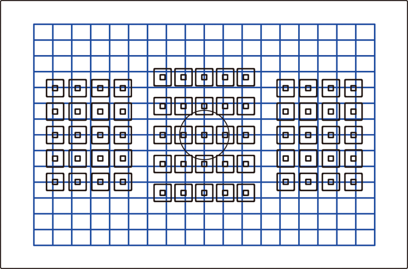 視野の端までをカバーするEOS 7D Mark IIの測距点配置。青枠は測光の範囲を表す。