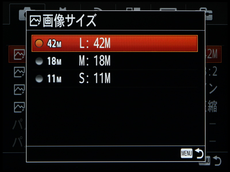 フル画素で4,200万画素もあるため、Mサイズでも1,800万画素と十分な大きさ。画像送信などのハンドリングを考えると、通常はMサイズで撮影してもよいのかもしれない。