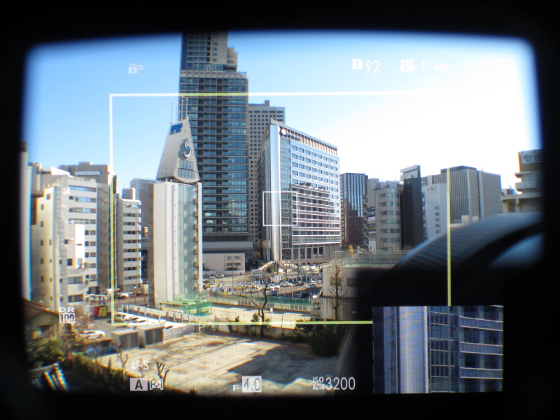 OVF右下に小さくEVF表示。ファインダーの使いこなしがこのカメラの撮影の肝といえる。