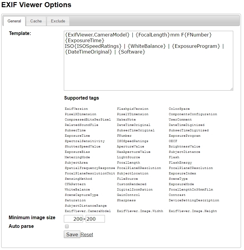 EXIF Viewerの設定画面。見たいExif情報の項目に合わせてTemplateをカスタマイズできる