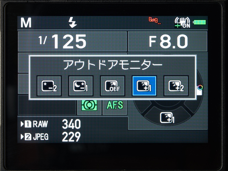 アウトドアモニターの+1設定。通常の屋外にはちょうどいいくらいの明るさだ。
