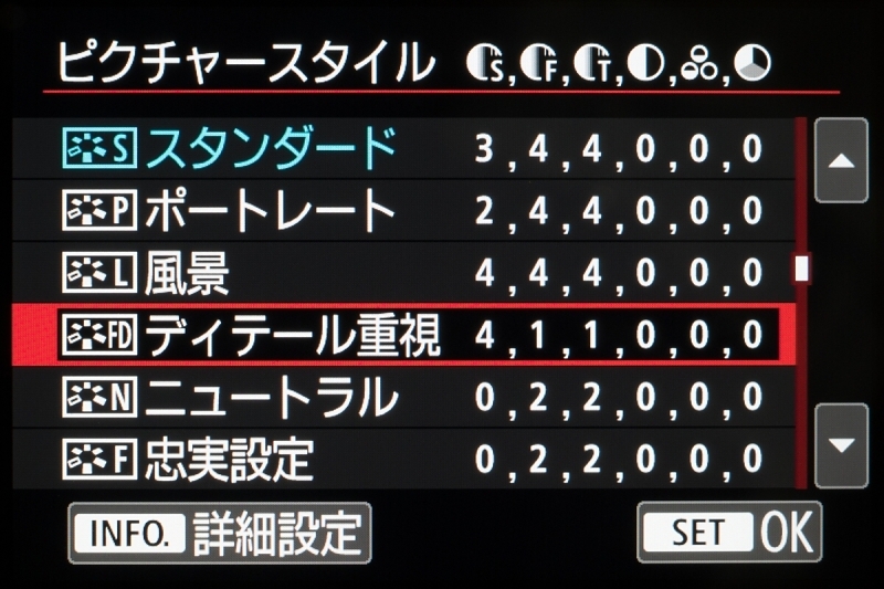 ピクチャースタイルの選択画面。以前と違って、新スタイルの「ディテール重視」が追加されたほか、シャープネスの設定が細かく行なえるようになっている