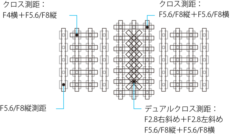 <strong class="">EOS-1D X Mark IIのAF概念図</strong><br class="">測距エリア全体を中央と左右の3ブロックに分け、それぞれのブロックの中心は捕捉性能の高いクロスセンサーを配置。とりわけ中央の縦5点は、縦横斜めのデュアルクロス測距が行えるので、特に高精度な測距が行える