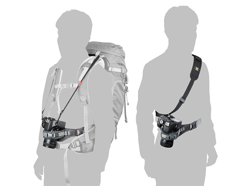 バックパックに装着する「くびの負担がZEROフック」と組み合わせることで登山での使用に最適化されるほか、速写ストラップと組み合わせて安定性が高められる