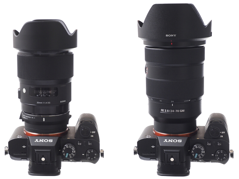 α7 II＋MC-11＋20mm F1.4 DG HSM | Art（左）と、α7 II＋FE 24-70mm F2.8 GM（右）の大きさを比べてみた。シグマの大口径レンズは一眼レフ用ということもあってかなり大柄だけど、ソニー純正のズームレンズも相当な大きさなので、サイズの問題は許容範囲ではないかと思う