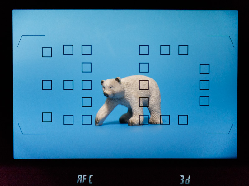 AFエリアモードを3D-トラッキングに変更すると、「3D」の文字が一瞬表示される。153点の全測距点を使って被写体への自動追尾が機能するモードだ