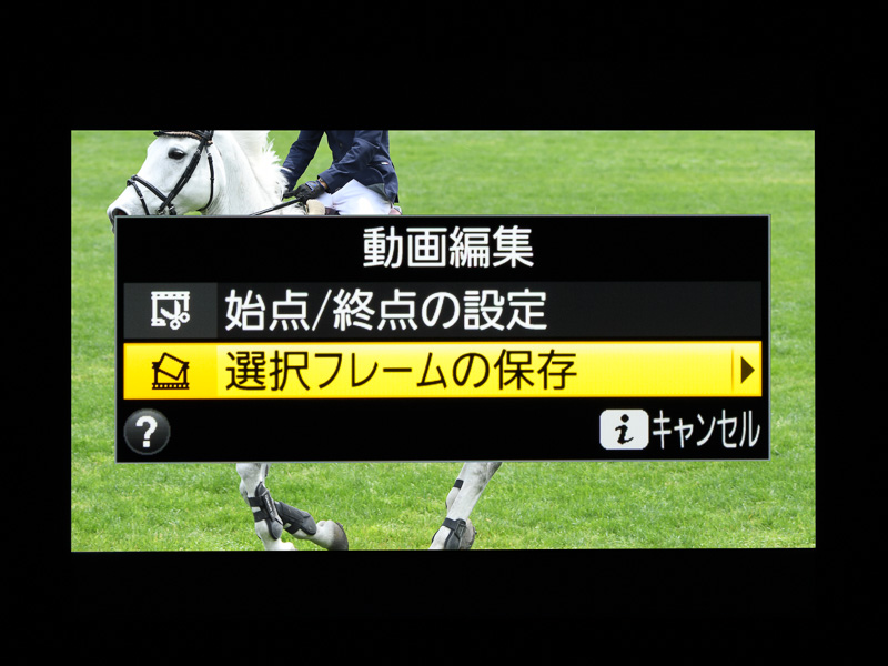動画を再生して一時停止し、iボタンを押して「選択フレームの保存」を選ぶと、4K動画から約800万画素相当の静止画を切り出せる