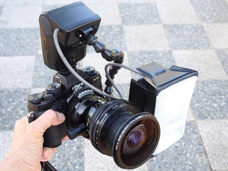 魚眼レンズを「ティルト」して、近景と遠景の両方にピントが合った写真を撮影できるシステムを作ってみた。FUJIFILM X-T1にKIPON製のシフト/ティルト機能付きマウントアダプター（ニコンマウント）を介してPC-Nikkor 28mm F3.5を装着し、さらにレイノックスの魚眼コンバーターHDP-2800ES（0.28倍）を装着した。ティルトレンズにシフトレンズを組み合わせ、光軸のズレを修正するアイデアだ。さらに照明として、以前連載で<a href="http://dc.watch.impress.co.jp/docs/review/labo/20140619_653783.html" class="n" target="_blank">紹介した</a>「フレキシブルアーム付きマクロストロボ」を組み合わせた。