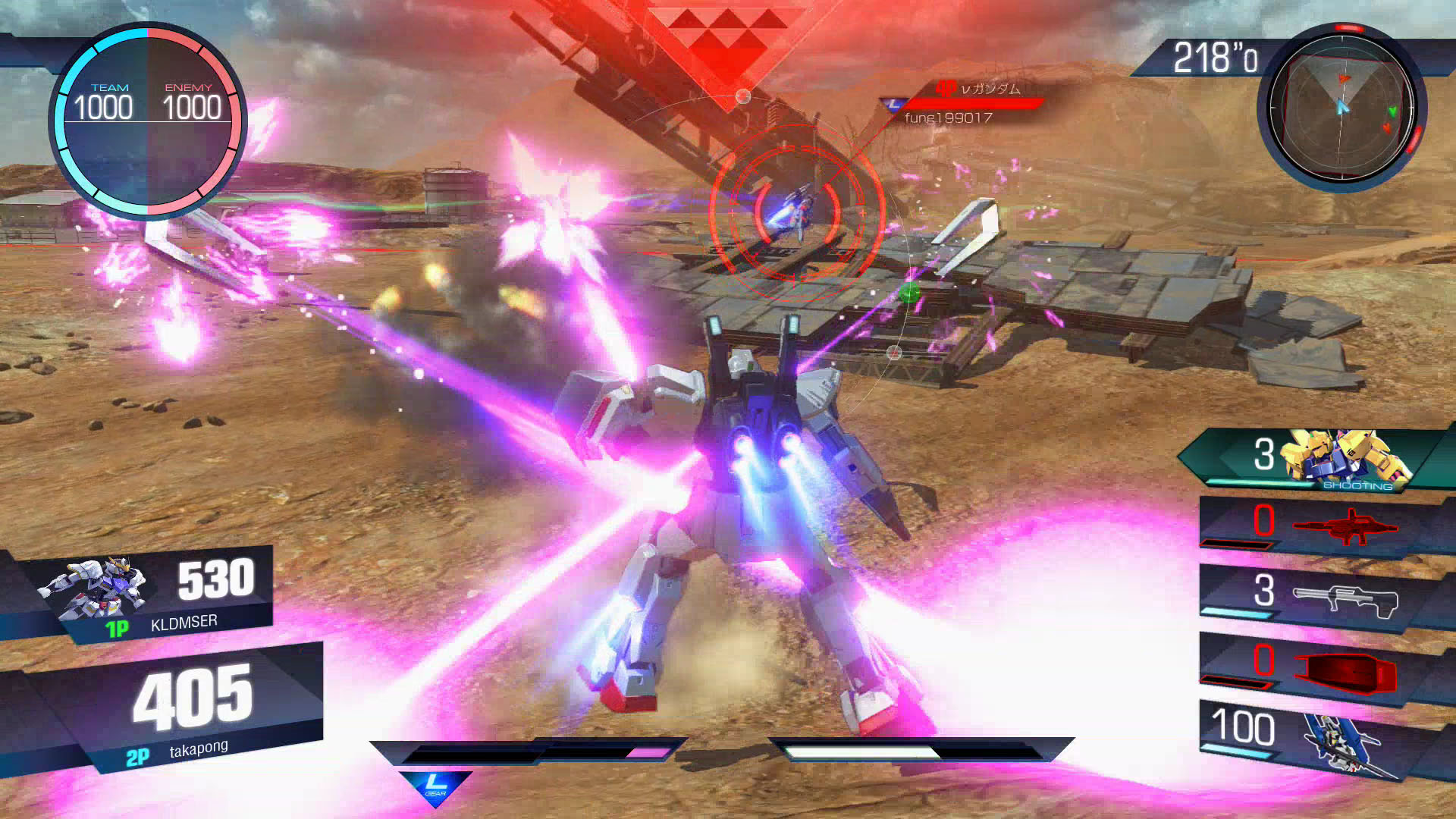 今回のプレイヤーマッチでは、トータルで一応2勝することができた! 使用した機体はコスト300のガンダムMk-IIとコスト400の百式。勿論、仲間の実力によるところも大きい