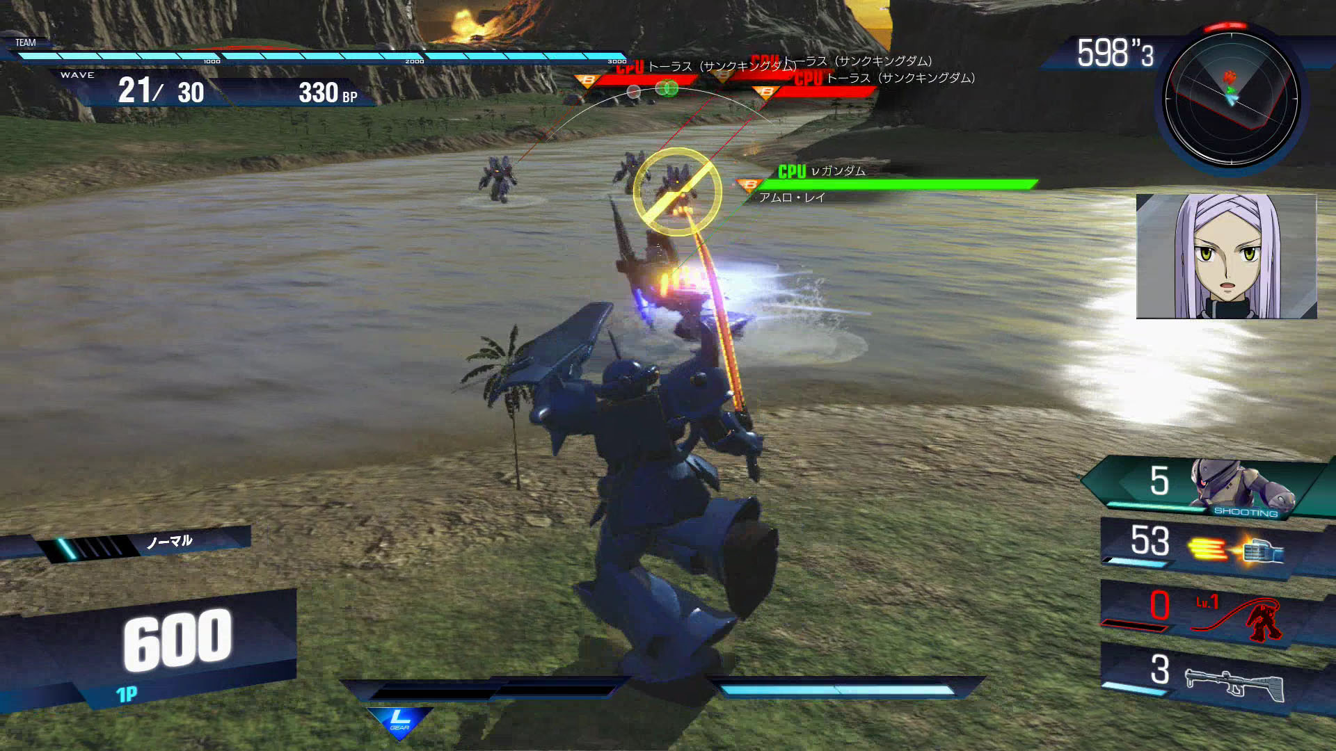 アルティメットバトルでは、WAVE単位で区切られ、WAVE毎に登場する複数のモビルスーツを撃破していくサバイバルがメインだ。モビルスーツは途中で変更できない