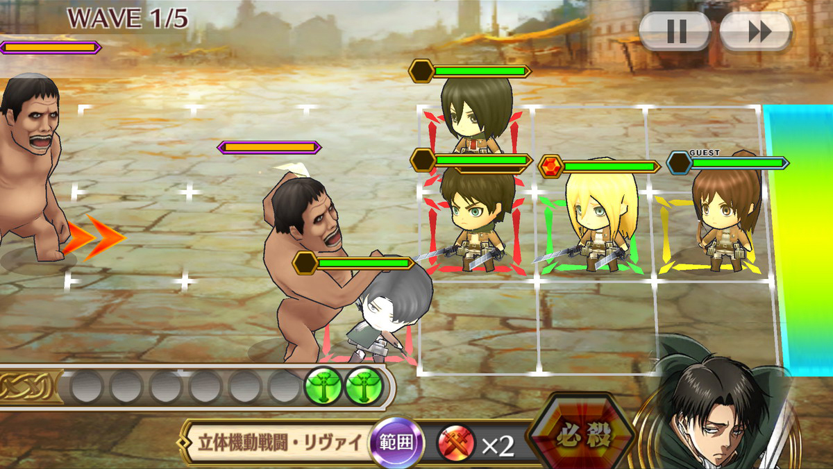 左から来る巨人に攻撃を与えていく