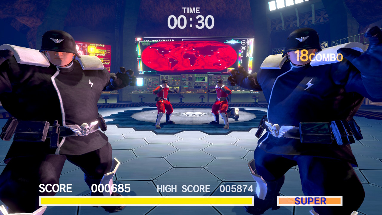 迫りくる戦闘員を必殺技でKOしていく