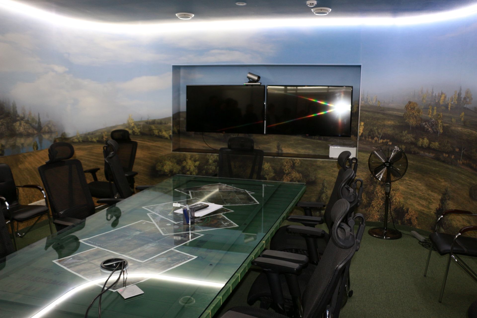 周囲の壁にマリノフカが描かれたミーティングスペース