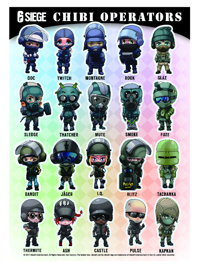 <strong class="em ">「レインボーシックス シージ」CHIBIステッカー</strong>：CHIBIキャラクターのオペレーターたちがプリントされたシール。A4サイズシートで価格は500円（税込）