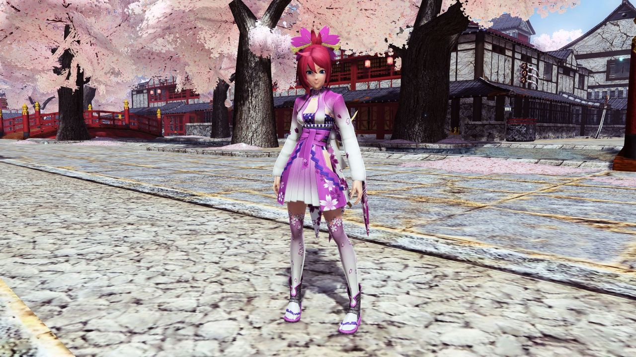 流水紋と桜の模様が雅やかな衣装。水面が花びらに染まる春の終わり頃春風と舞う美しき桜花を描いた逸品