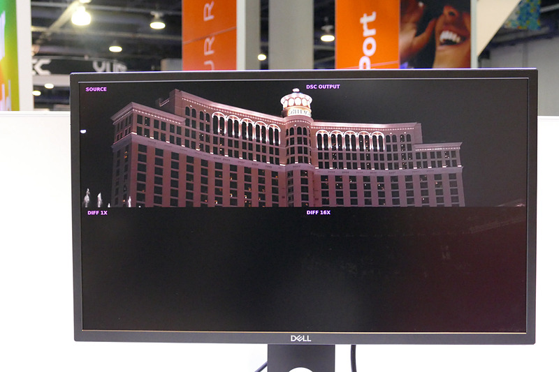 ロッシーながら6マイクロ秒でデータを1/3に圧縮するというDSC用チップ。ディスプレイ下半分が差分を表示したもの。まったく同じ技術がHDMI、DPともに使われている