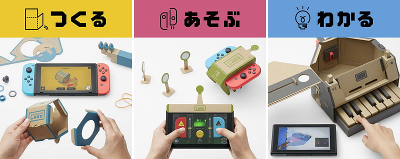 「Nintendo Labo Toy-Con 01: Variety Kit」。ピアノや釣り竿、バイクのハンドルなどいろいろなToy-Conとそれに対応したゲームが楽しめるセット