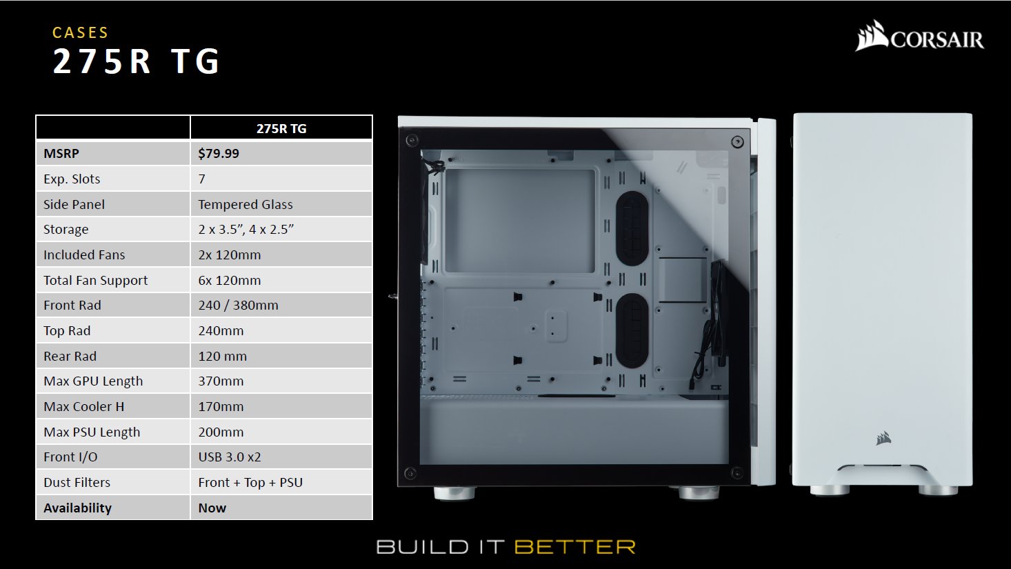 PCケース「275R TG」。日本ではガラスパネルのみの取り扱いで、ブラックは4月下旬から5月上旬発売予定、ホワイトは4月21日発売予定。価格は14,040円（税込）
