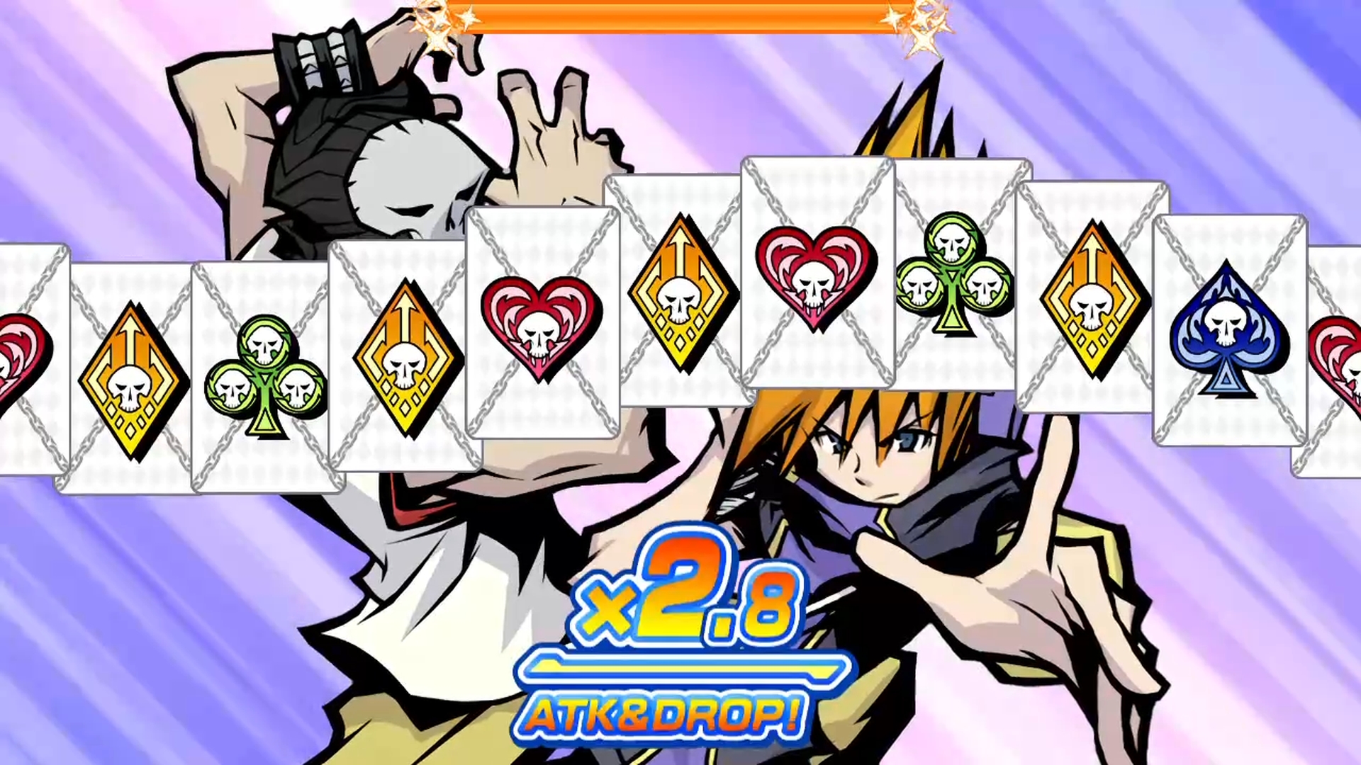 いらないカードをタップして、マークを横並びに揃えるとカードが消えて攻撃力とドロップ率が高まる。マークの並び順によっては、連鎖を繋げることも可能