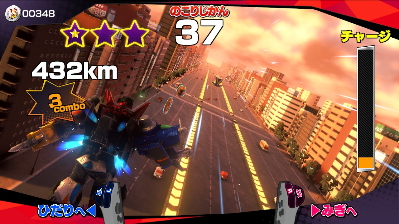 巨大化した怪人と戦うロボ戦パートへ進むことも。エネルギーをためたり、怪人を追撃したりして、自由自在にロボを操作して戦う