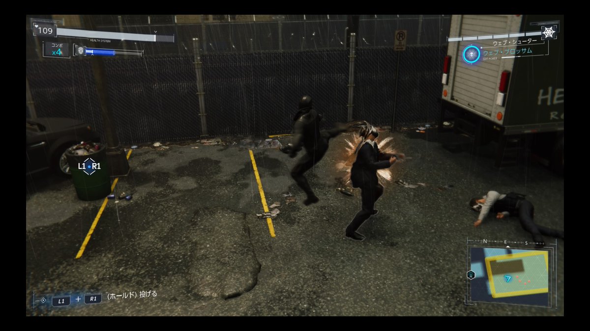 攻撃システムもアーカムシリーズも思われる。ボタンのコンボとドッジをうまくこなすと、まるでダンスのように。気持ちよく、スパイダーマンになりきる感覚で文句なし