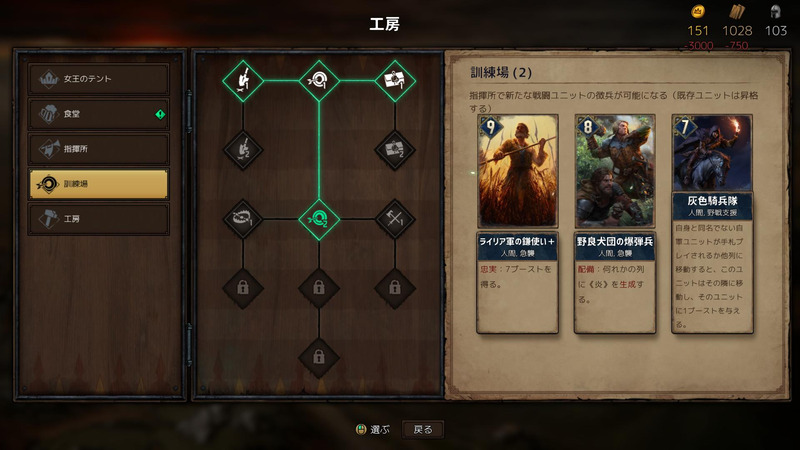 資産が増えてくれば野営地を発展させ、カードを充実させることができる。より自由度の高い、戦略性の高いデッキを組むことが可能に